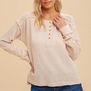 HEM & THREAD Henley Long Sleeve Ribbed Top, Neutral Beige Waffle Knit Pullover